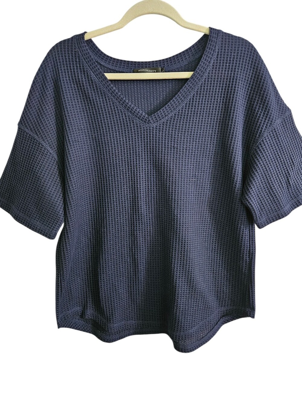 Merokeety Large Women's Navy V-Neck Waffle Knit Top